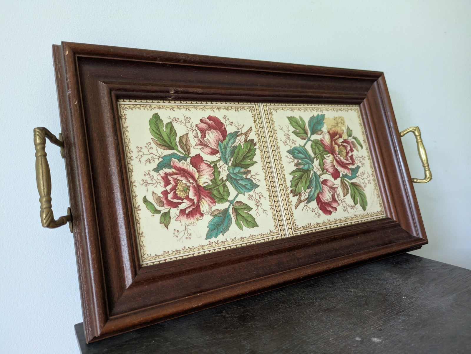 Vintage Tray Ceramic Rose Floral Tiles Wooden Frame & Brass Handles Serving Old