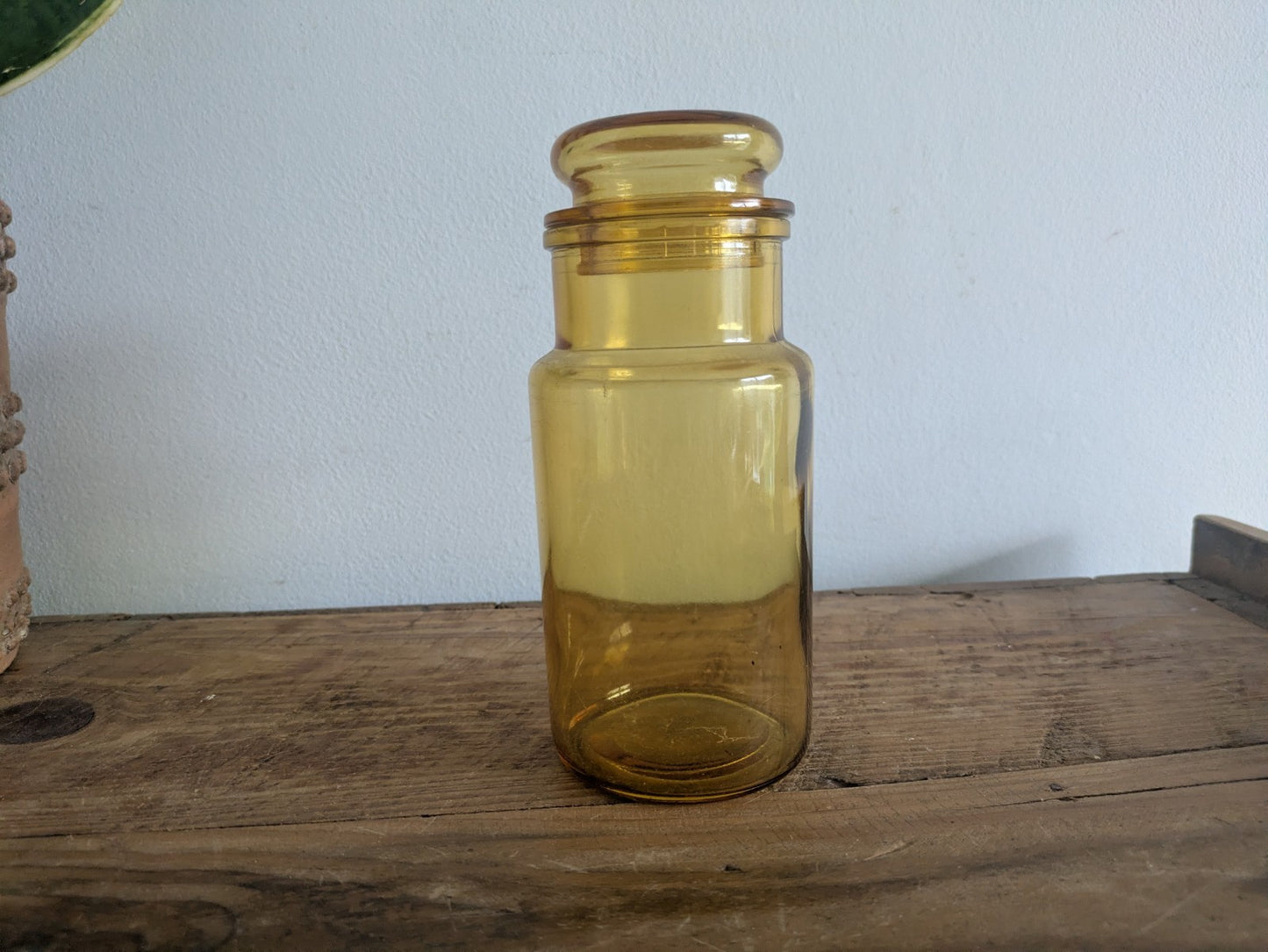 Vintage French Yellow Amber Glass Apothecary Storage Jar Pot Kitchen Prop Vanity