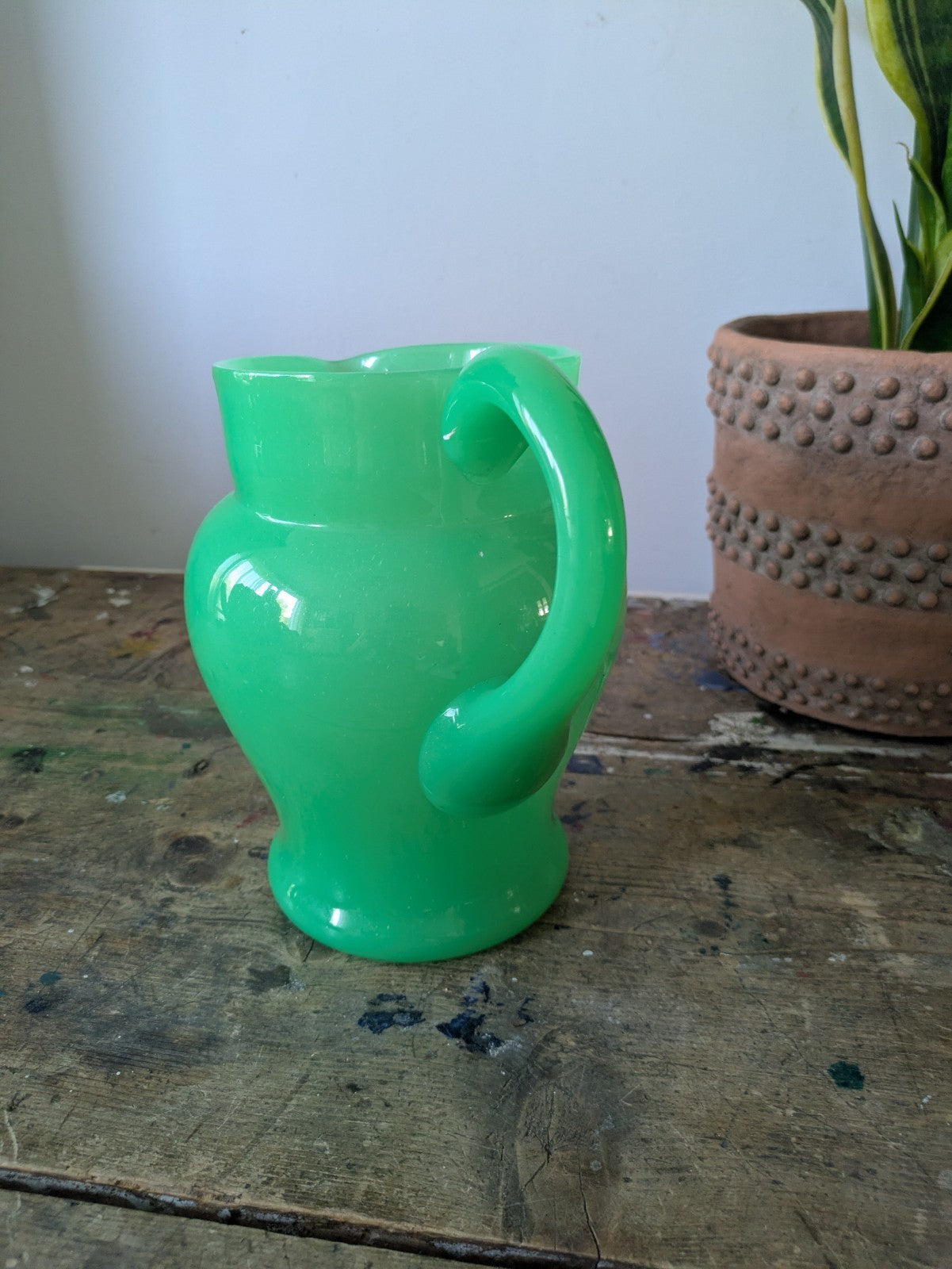 Antique Green Uranium Glass Water Jug Pitcher Jade Jadeite Art Deco Opaque Large