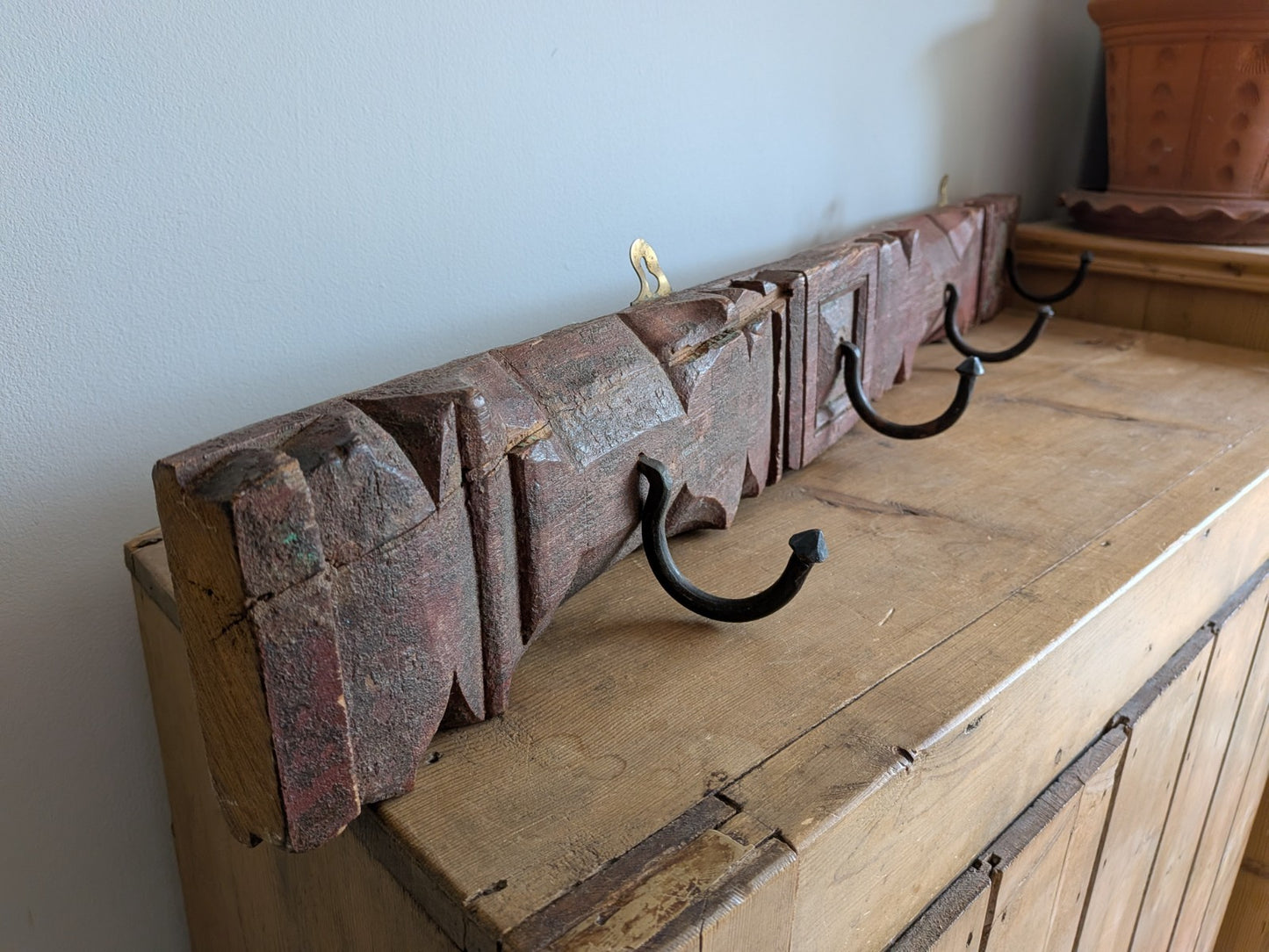 Antique Indian Painted Teak Wood Coat Hook Panel Salvaged Iron Hooks Vintage Vgc
