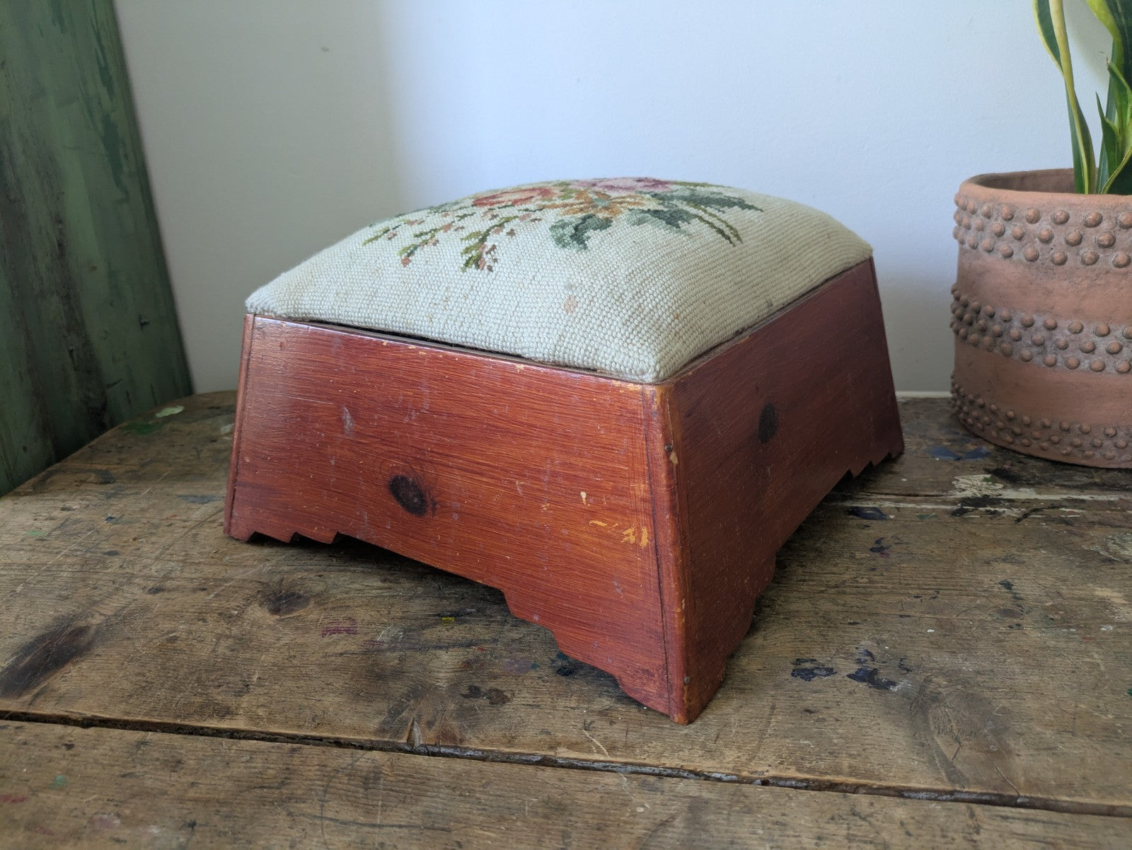 Vintage Tapestry Floral Stool Pine Base Rose Tapestry Top Footstool Original Old