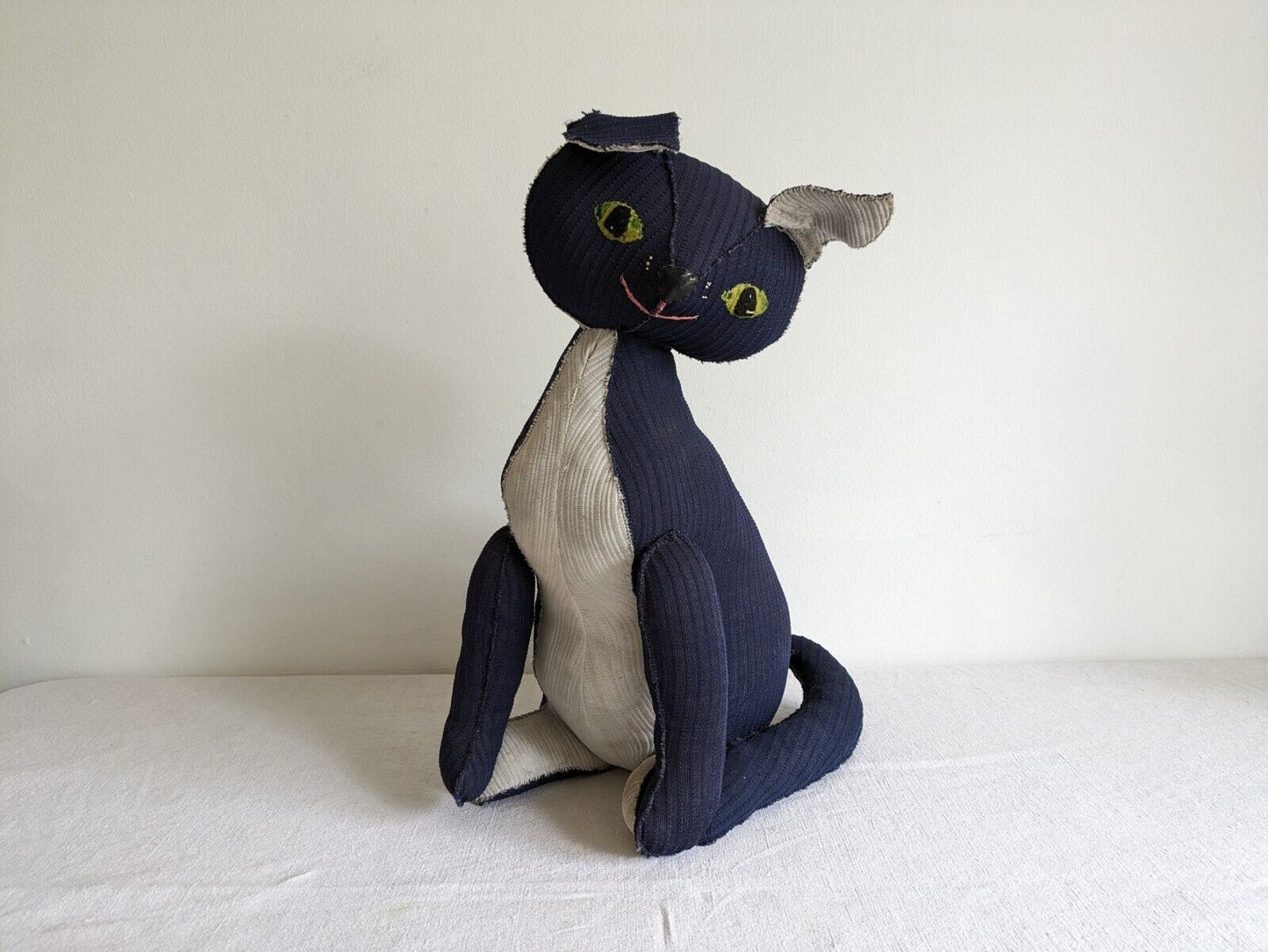 Vintage Cat Door Stopper Handmade White Blue Retro Kitsch Film TV Prop Rare Old