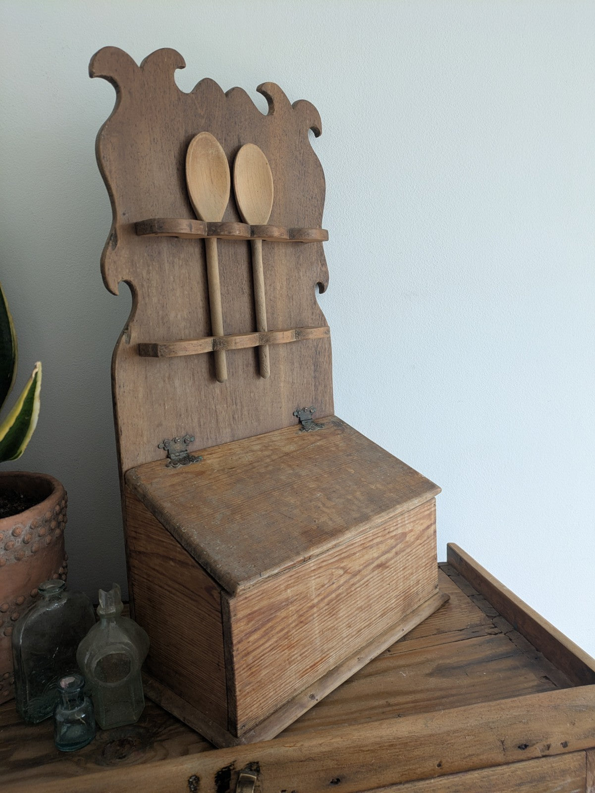 Antique Pine Spoon Rack Kitchen Rack 19th Century Rustic Kitchen Wall Candle Box
