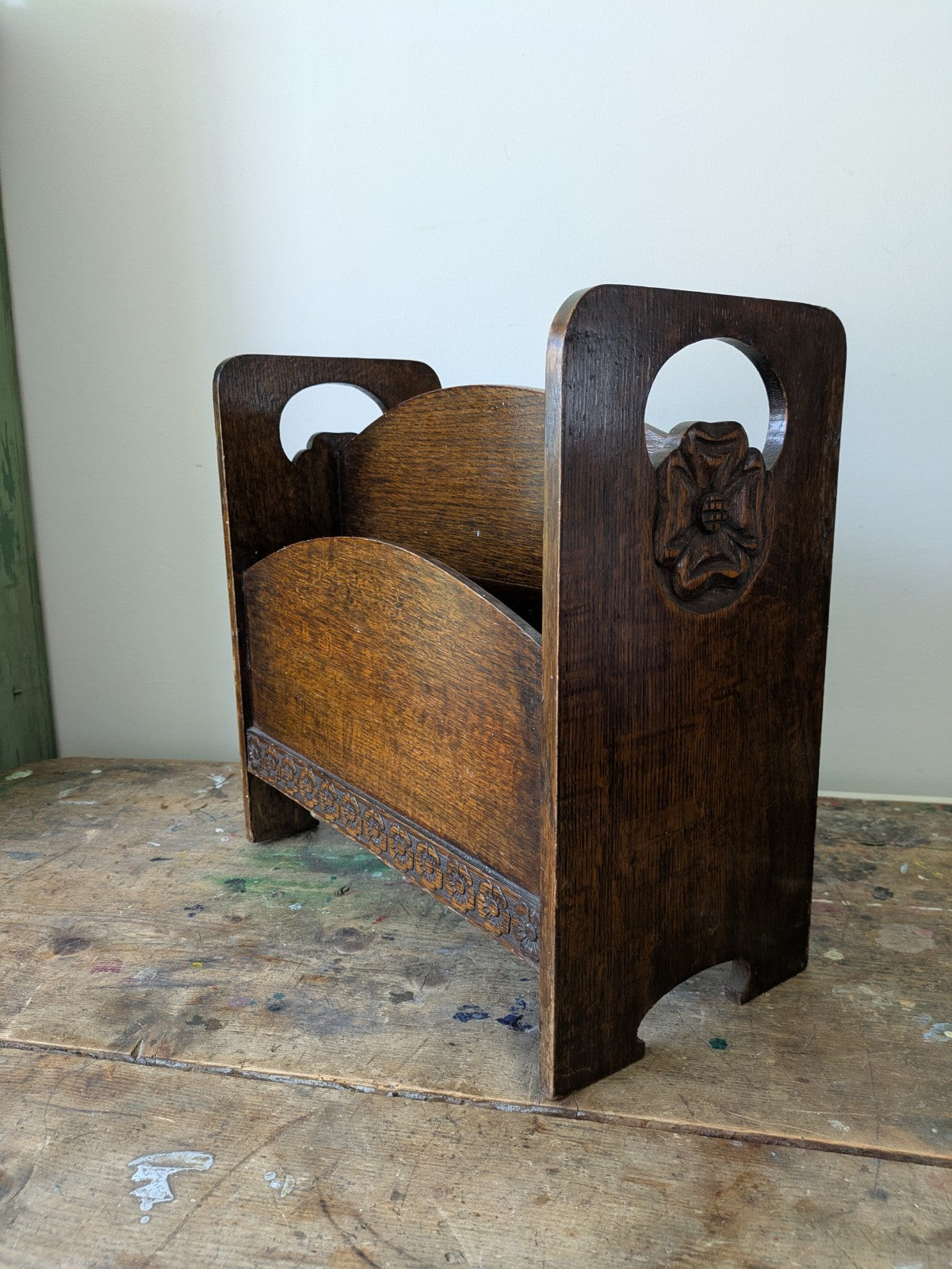Antique Art Deco Oak Newspaper Stand 1930's Canterbury Carved Rose Magazine Rack
