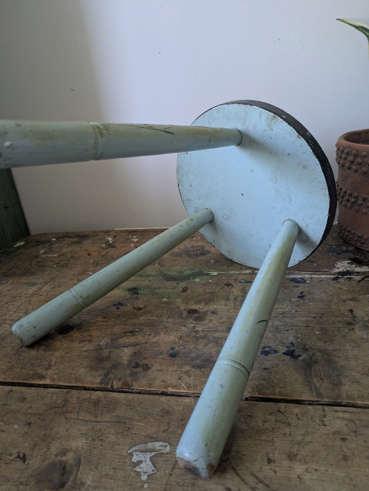 Vintage Stool Folk Art Hand Painted Cherries Blue Chippy Original Antique Tripod