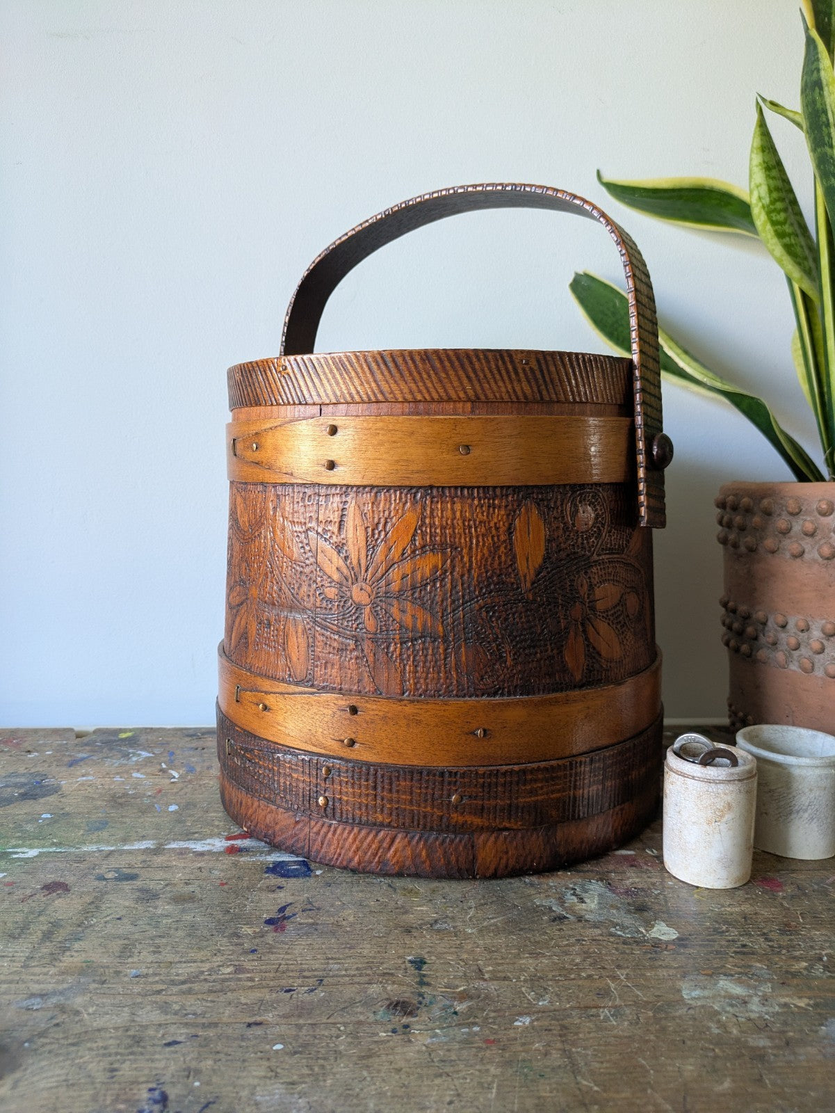 Antique Vtg Sugar Firkin Bucket w. Lid & Handle Pantry Carved Design Primitive