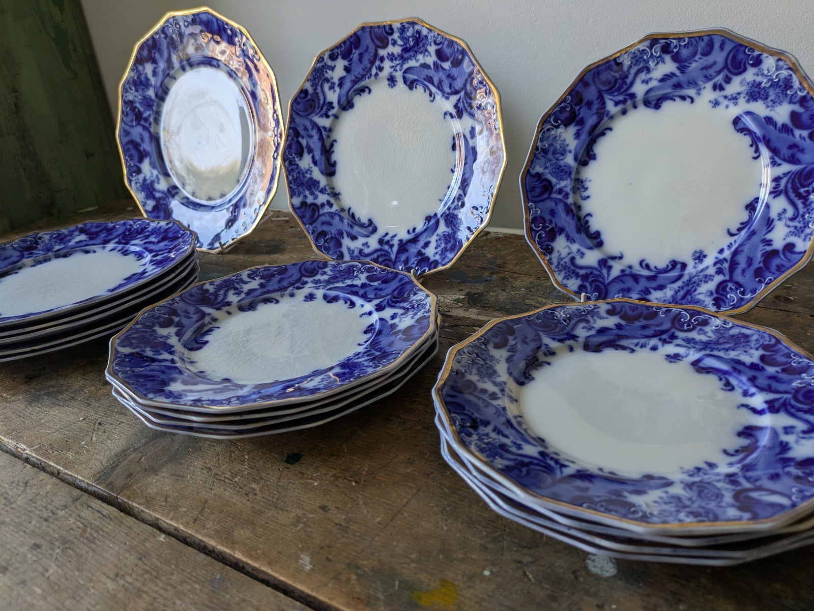 16 Piece Antique Vtg W. H. GRINDLEY Argyle Flow Blue Dinner Dessert Plates Set