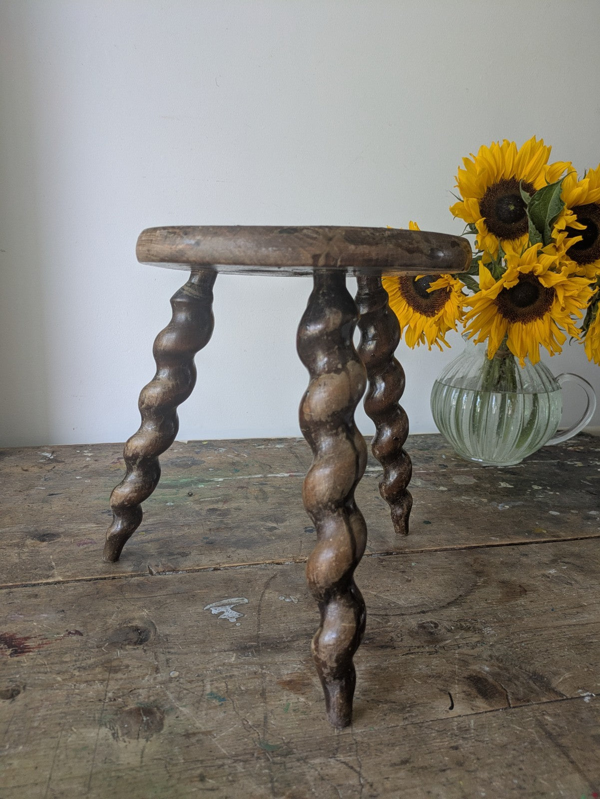 Antique french plant table Mid-1900's woodwork stool Twist Leg Tripod Spiral 