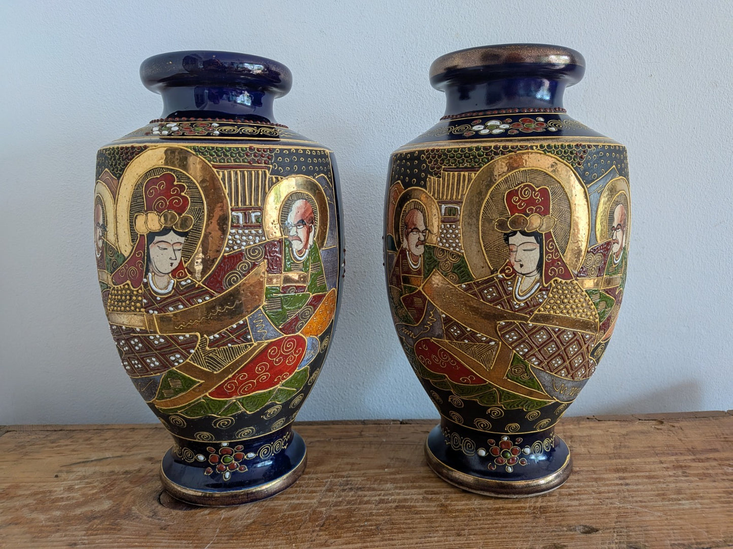 Pair Antique Early 1900s Satsuma Moriage Oriental Vase / Made in Japan Blue Vgc