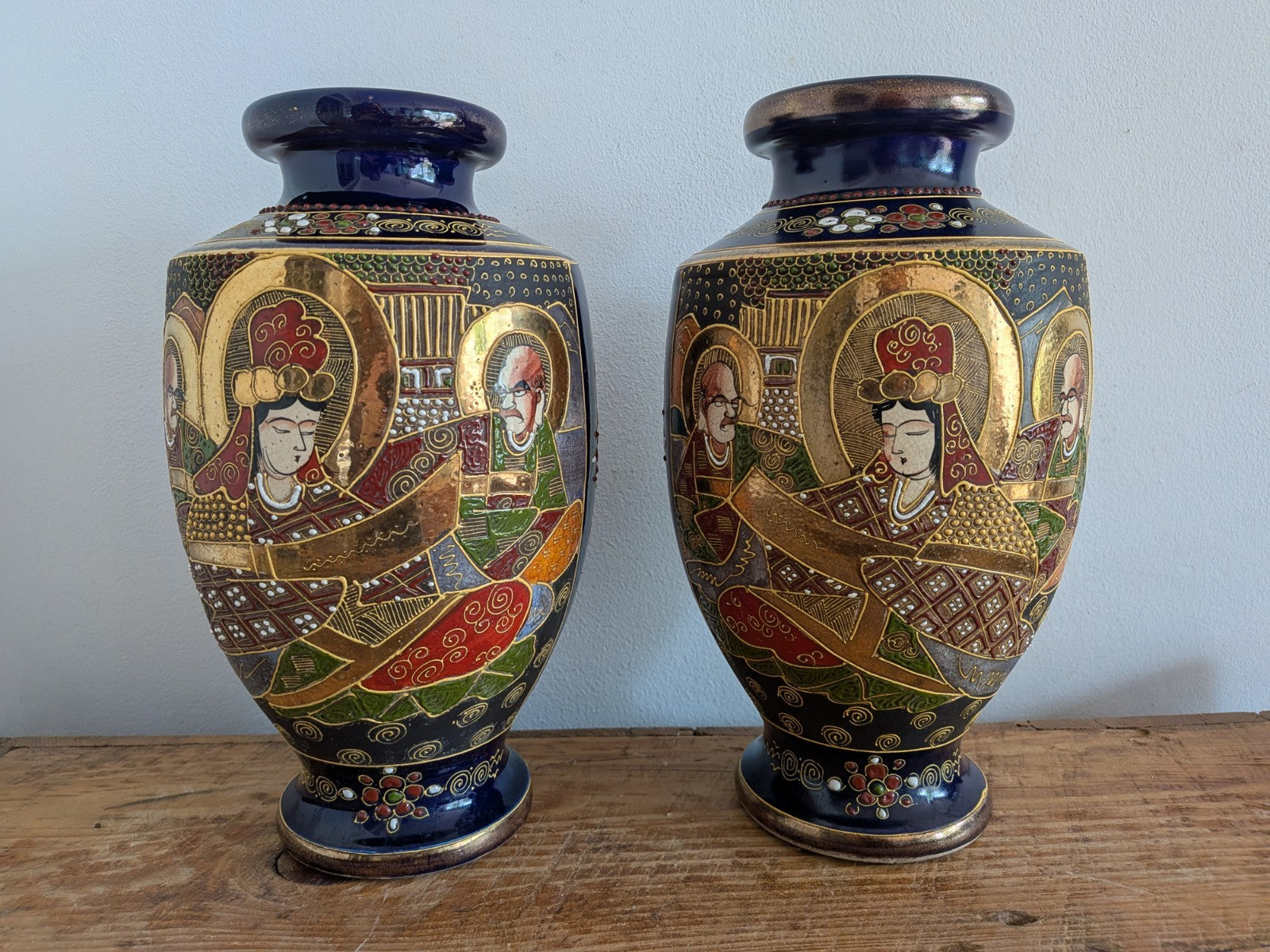 Pair Antique Early 1900s Satsuma Moriage Oriental Vase / Made in Japan Blue Vgc