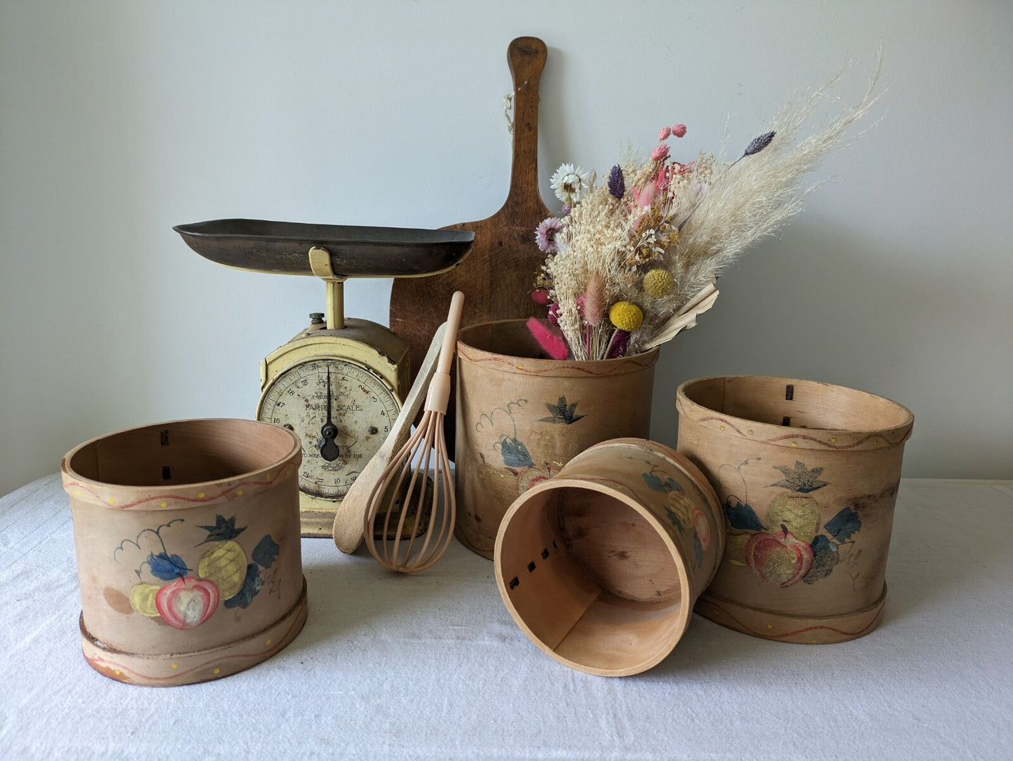 Vtg Canister Set Fruit Wood Rustic Farm House Utensil Decor Bentwood Rare Pots