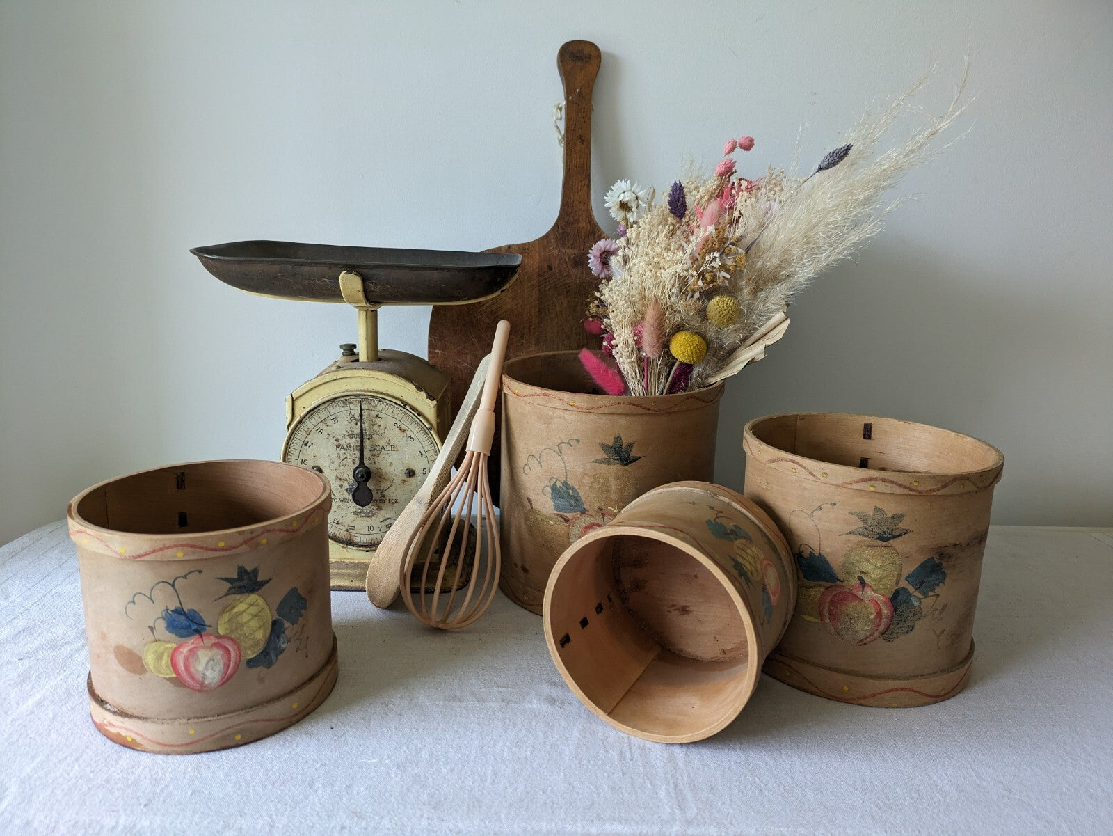 Vtg Canister Set Fruit Wood Rustic Farm House Utensil Decor Bentwood Rare Pots