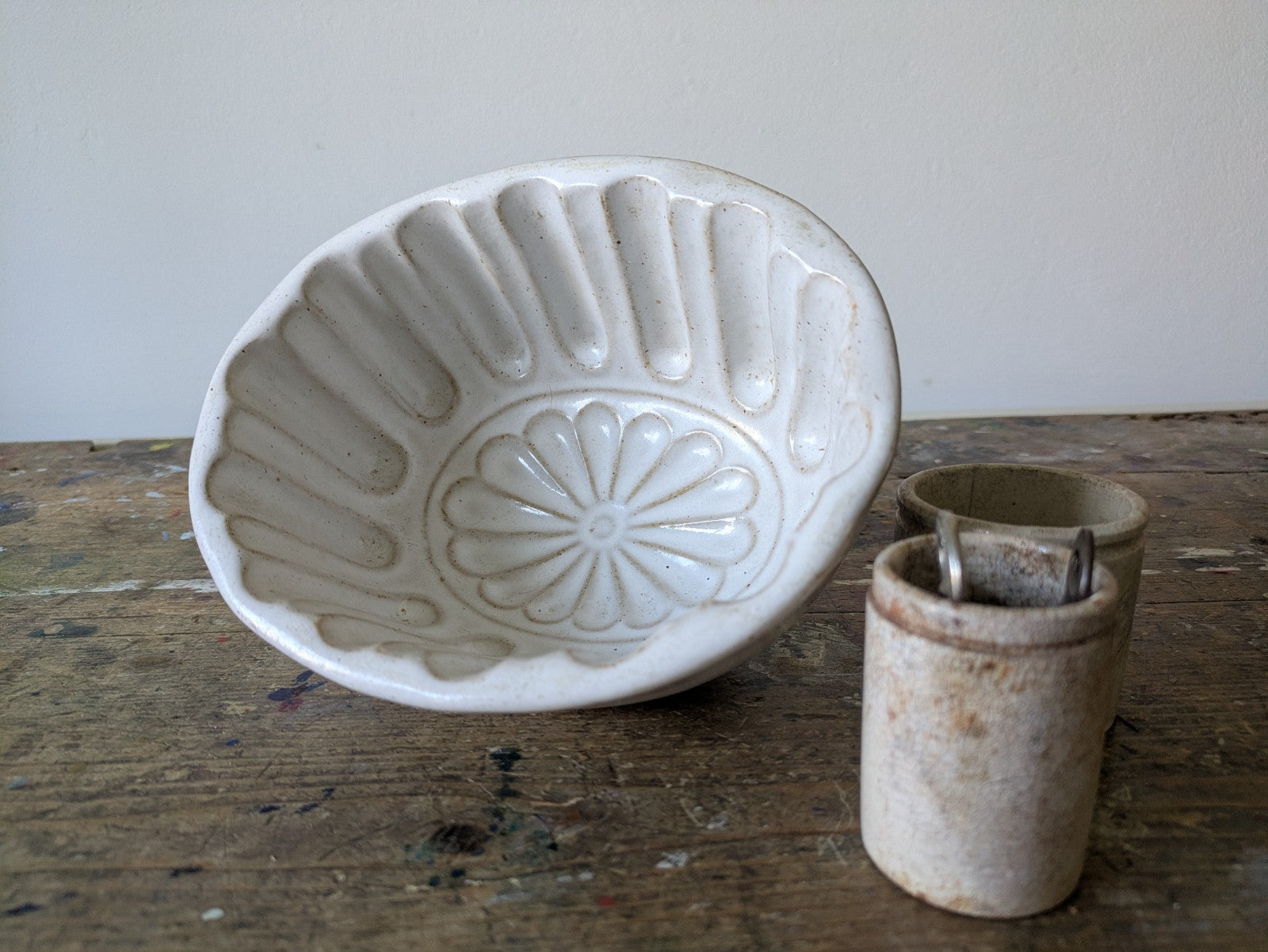 Antique Pottery Glazed Jelly Mould Oval Design White Vgc Kitchen Prop Decor Mold