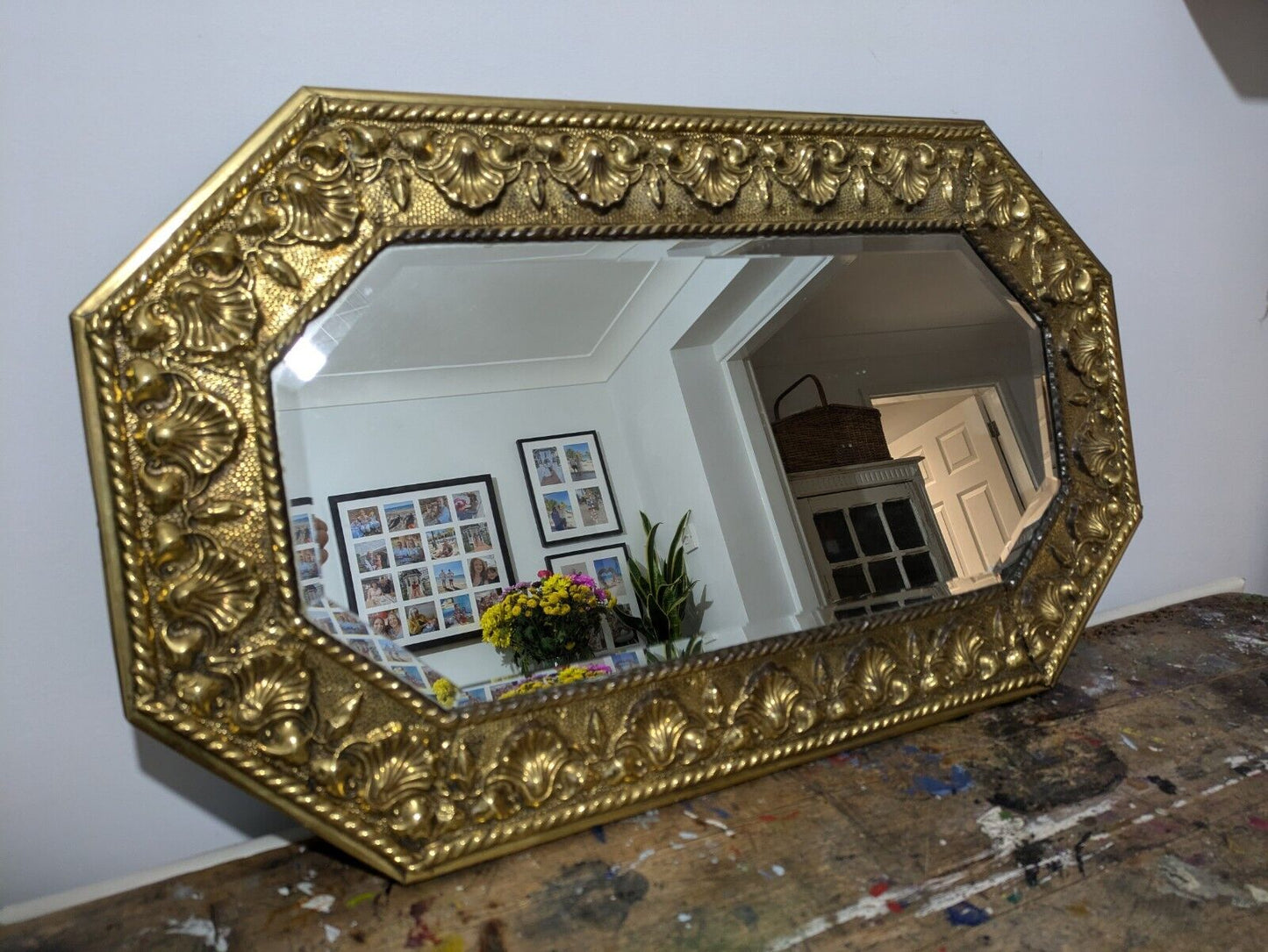 Antique 1920s Bevel Edged Brass Shell Embossed Wall Mirror Vintage Mantle Prop 