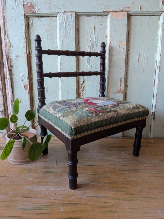 Antique Bobbin Faux Bamboo Childs Chair Apprentice Tapestry Seat Red Riding Hood