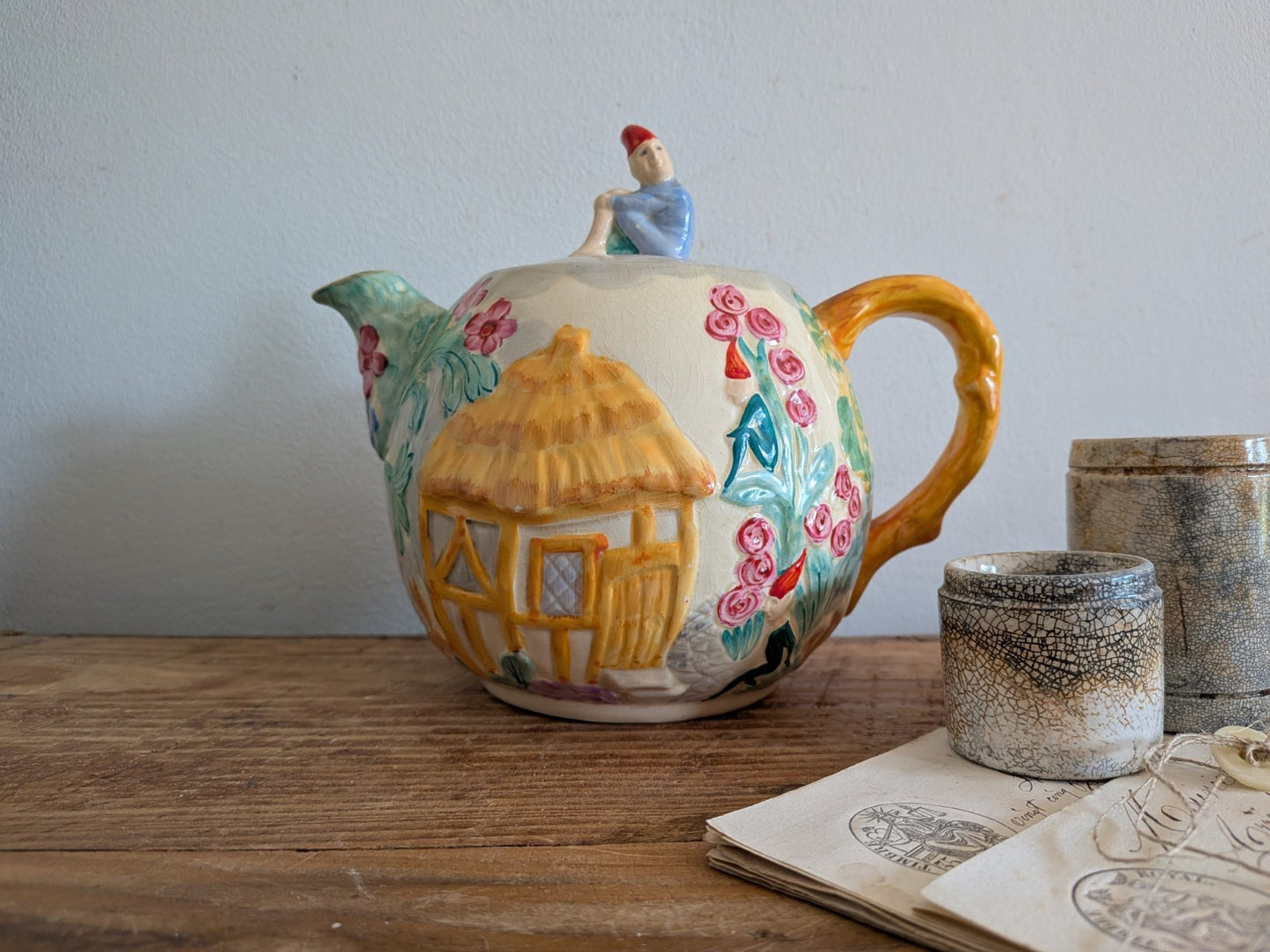 Vintage Art Deco Teapot Leprechaun Pixie Castle Fairytale Cottage Garden Floral