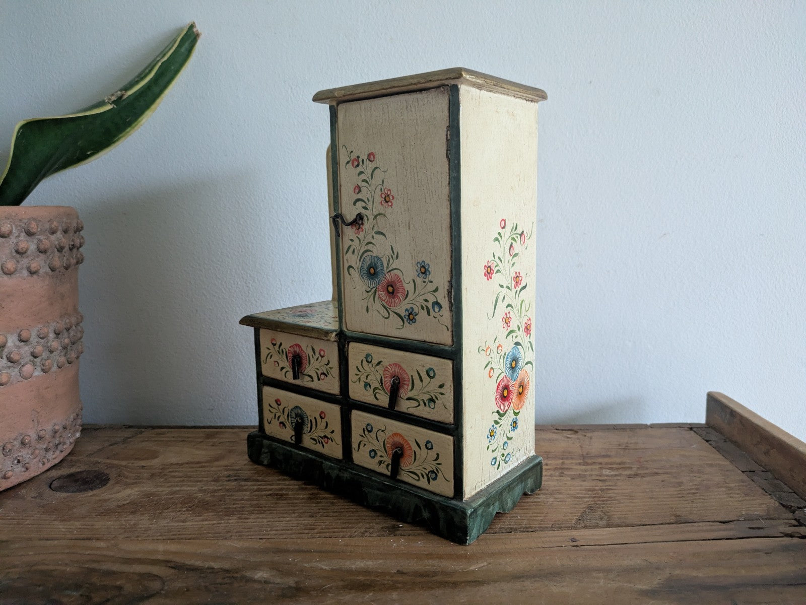 Hand-painted Small Scale Mini Tabletop Cabinet Cupboard Draw Folk Art Furniture
