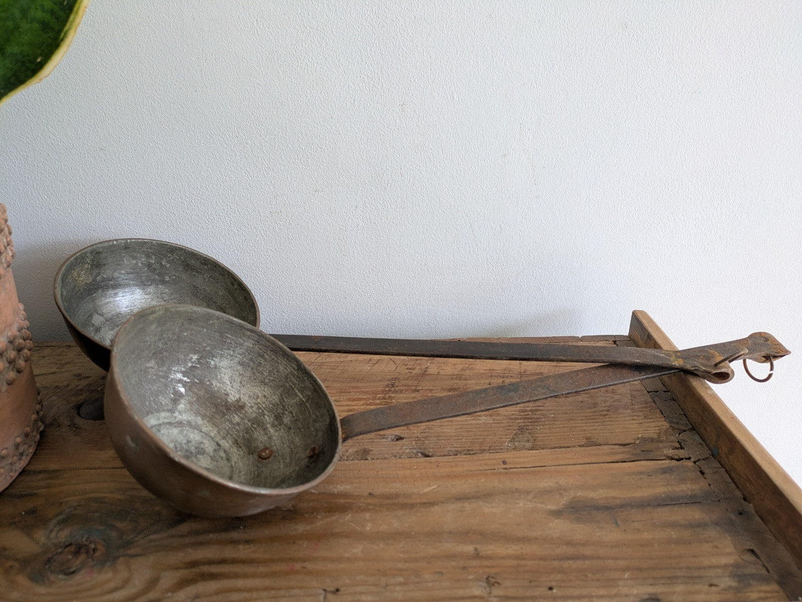 2x Antique Copper Iron Ladle Hand Forged Victorian Scoop Wall Hanging Spoons Vtg