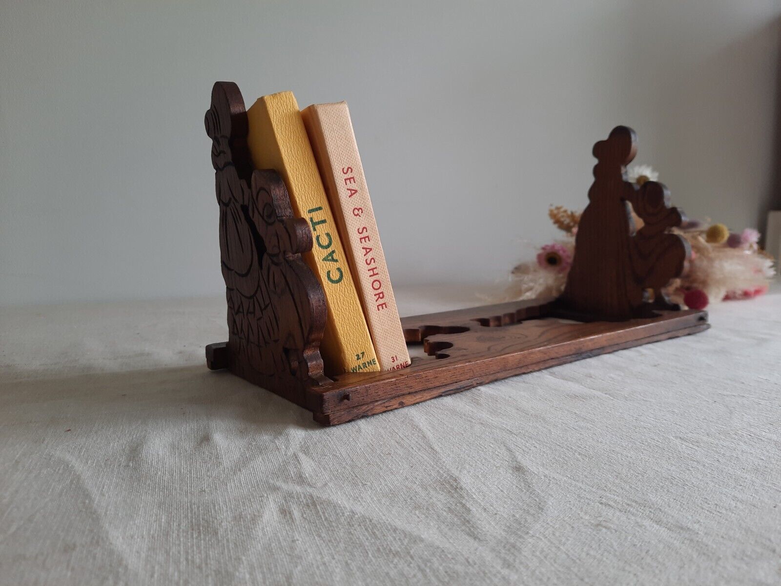 Vintage Wooden 1930s Crinoline Lady Folding Book Rack Case Tabletop Trough Deco
