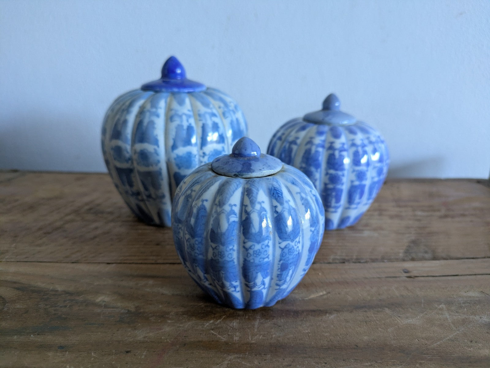 Set of 3 Chinoiserie Blue and White Porcelain Pumpkin-Shaped Ginger Jars Trio 