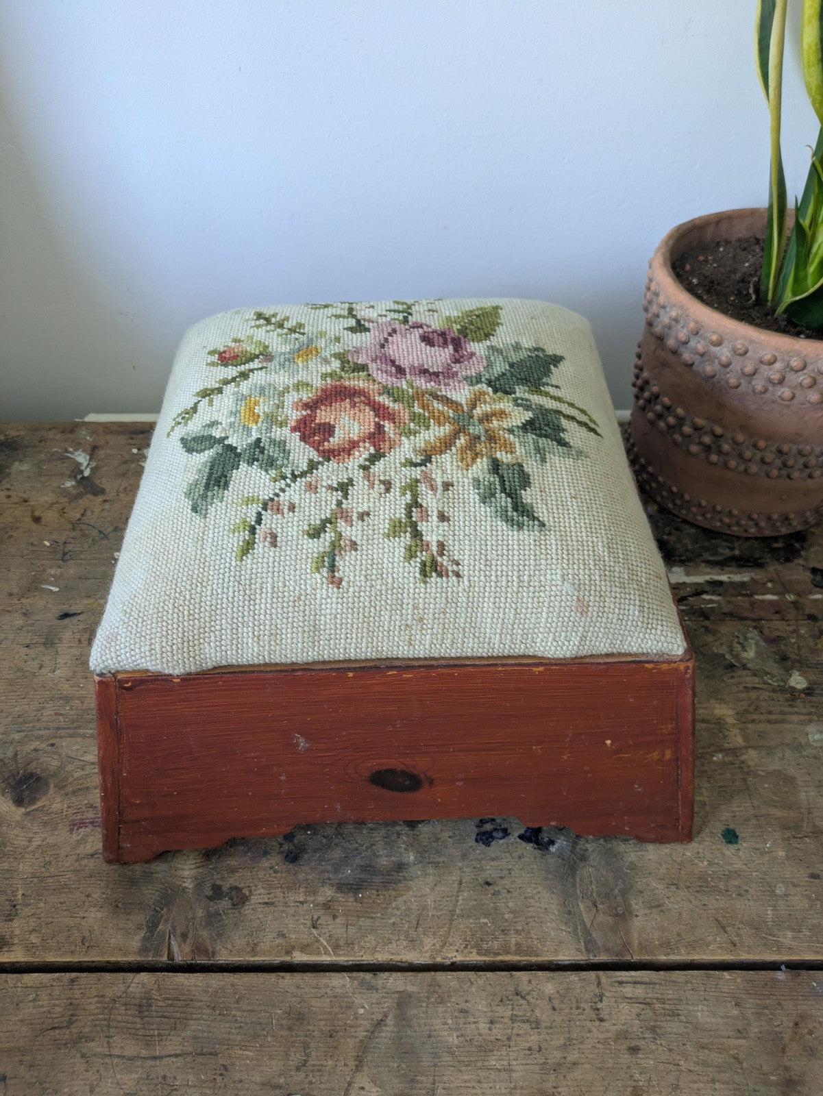 Vintage Tapestry Floral Stool Pine Base Rose Tapestry Top Footstool Original Old