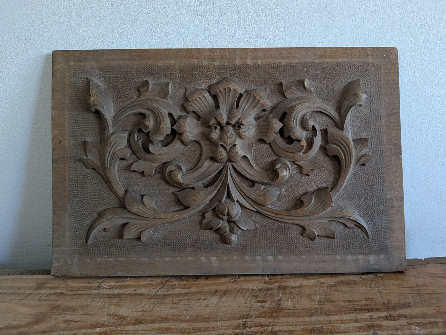 Antique Carved Wooden Panel Plaque Old Wood Victorian Green Man Head Face Scroll
