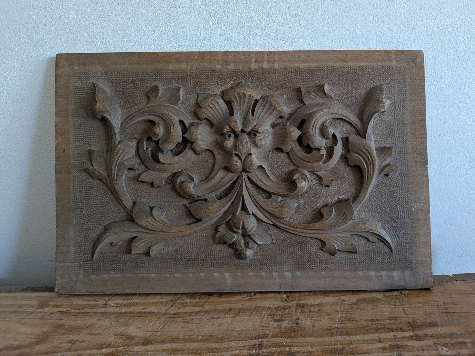Antique Carved Wooden Panel Plaque Old Wood Victorian Green Man Head Face Scroll
