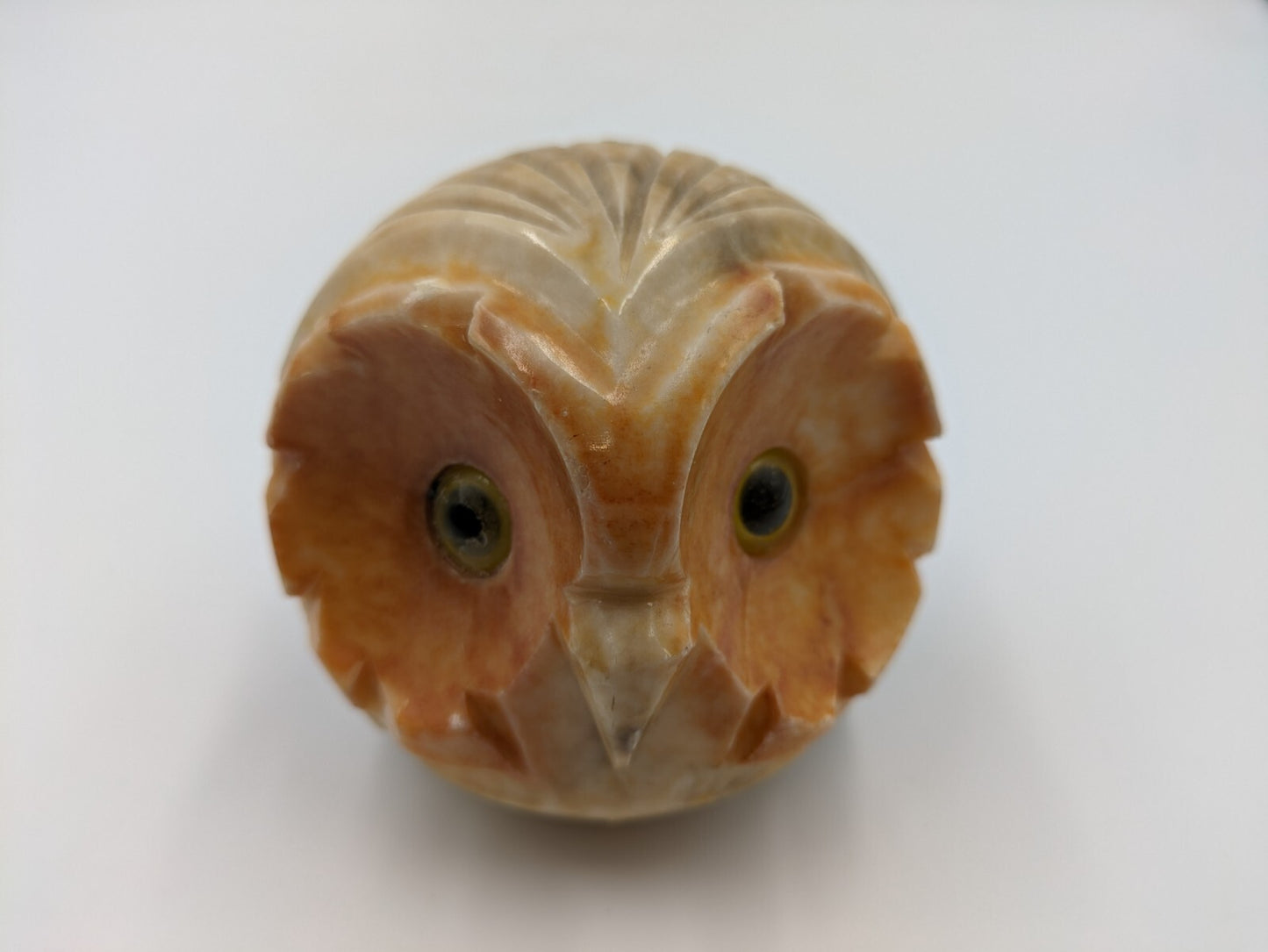 Vintage Retro Kitsch Alabaster Stone Owl Carved Yellow Glass Eyes Stone 7.5cm