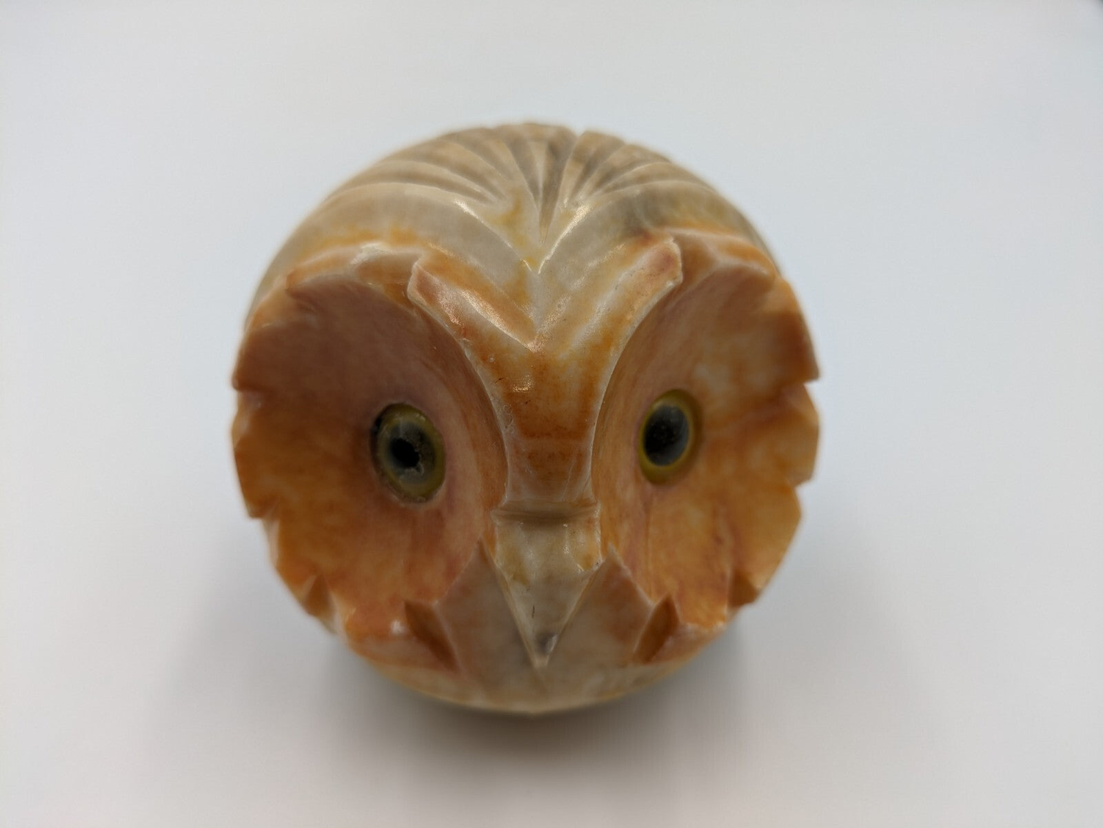 Vintage Retro Kitsch Alabaster Stone Owl Carved Yellow Glass Eyes Stone 7.5cm