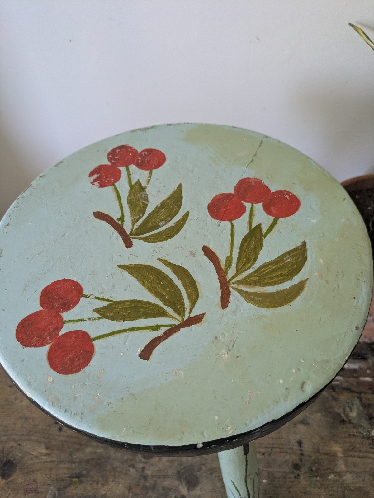 Vintage Stool Folk Art Hand Painted Cherries Blue Chippy Original Antique Tripod