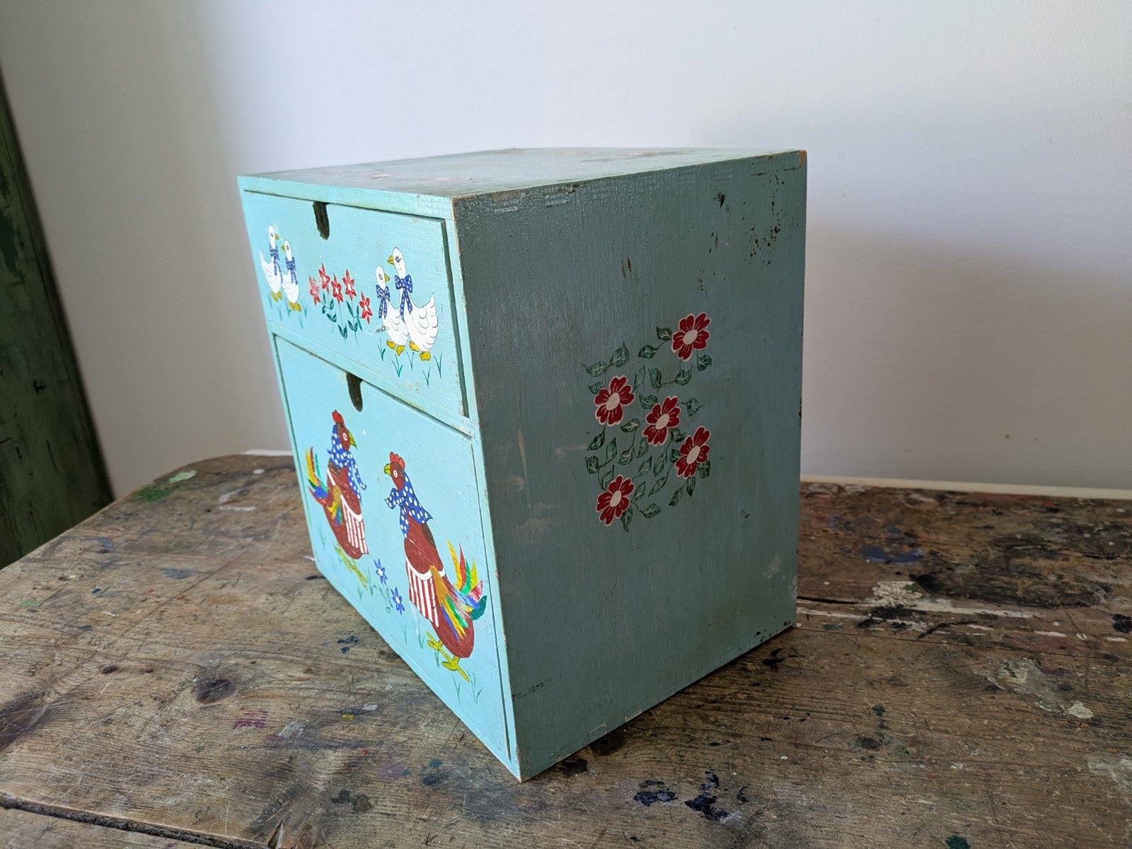 Folk Art Chicken CHEST of DRAWERS BOX KITCHEN Storage Wood Jewellery Vtg Floral