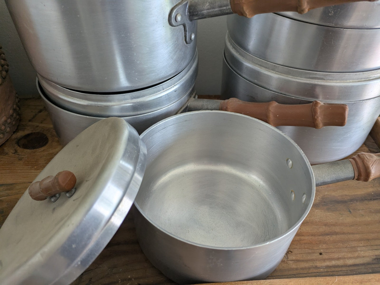 Vtg Retro Bamboo Mirro Ware Stainless Steel Aluminium Cooking Pots Sauce Pan Fry