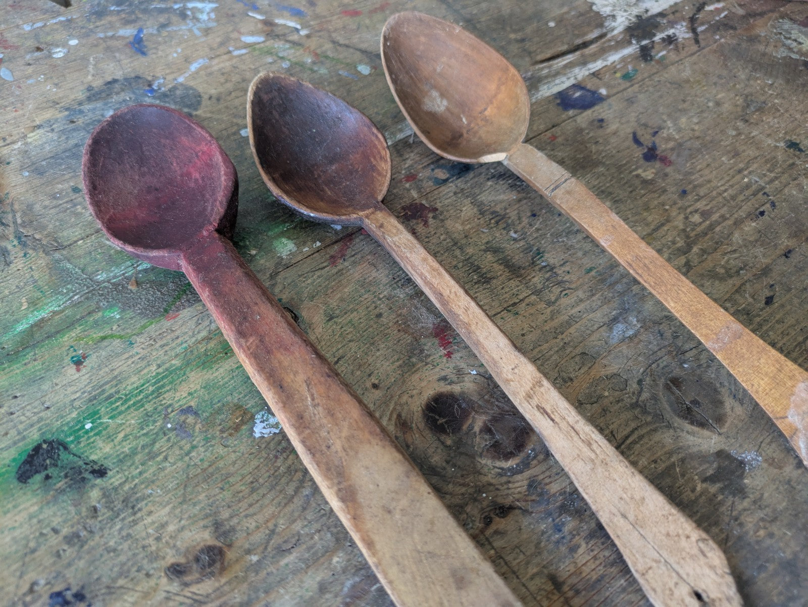 OLD ANTIQUE PRIMITIVE WOODEN HANDMADE LONG RARE CARVED SPOONS PADLE - LOT OF 3.
