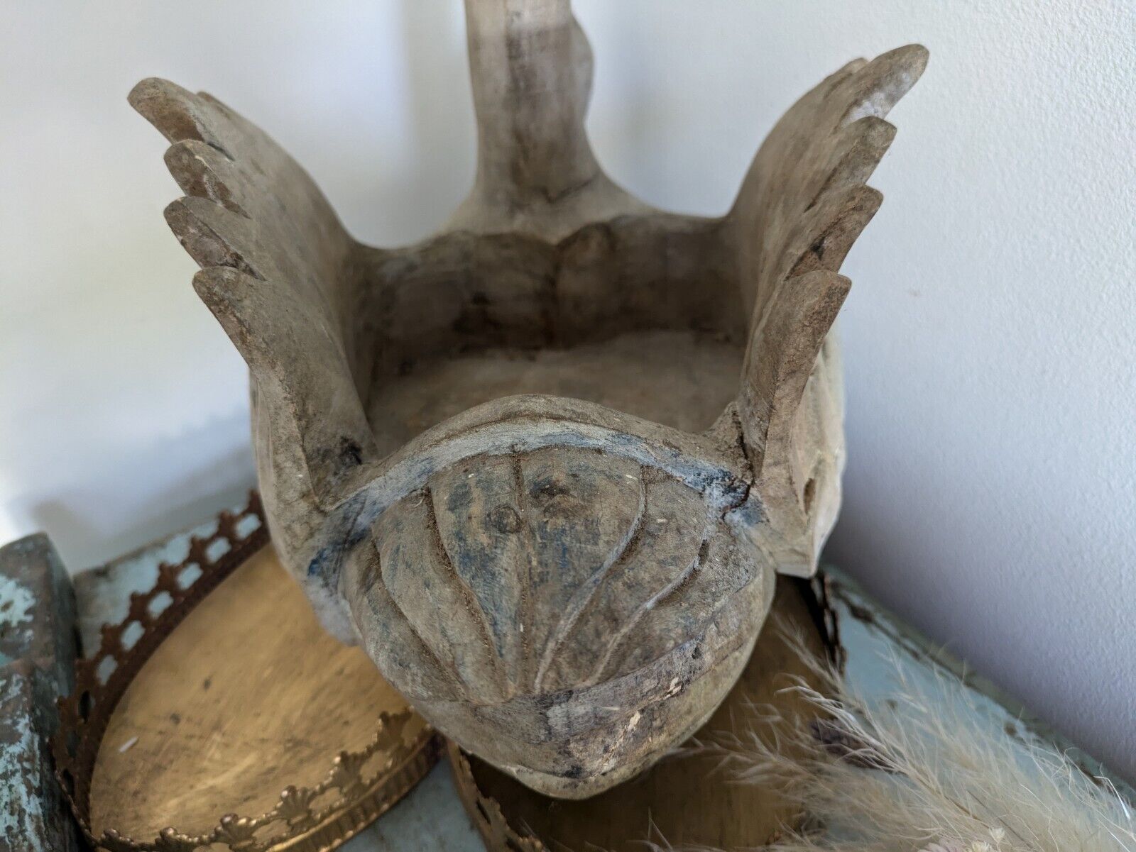 Carved Wood Swan Decoy Vintage Large Painted Solid Wood Planter Decor Time Worn