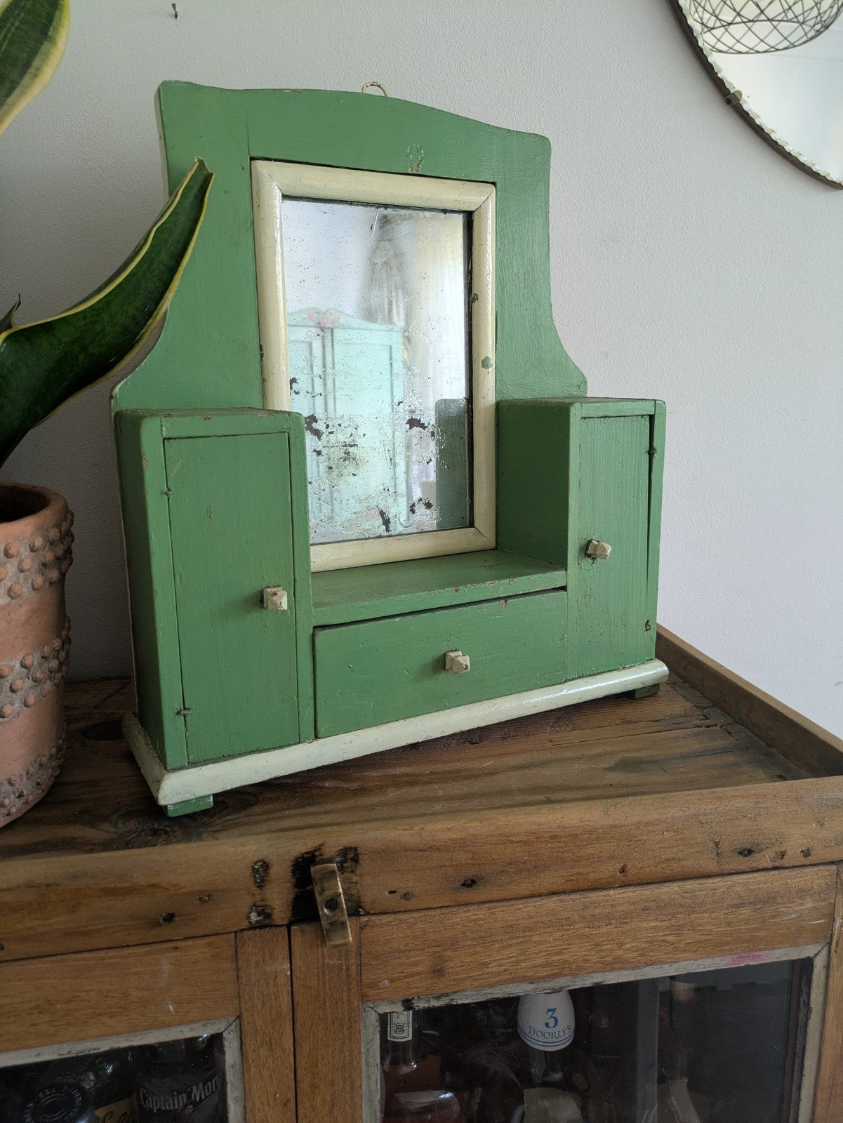 Antique Romanian Art Deco Wood Table Vanity Mirror Drawers Green Cupboard Wall
