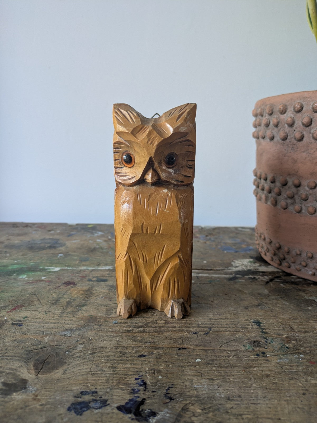 Vintage Black Forest Carved Owl Holder Sconce Mid Century Wooden Candle Brush Vg