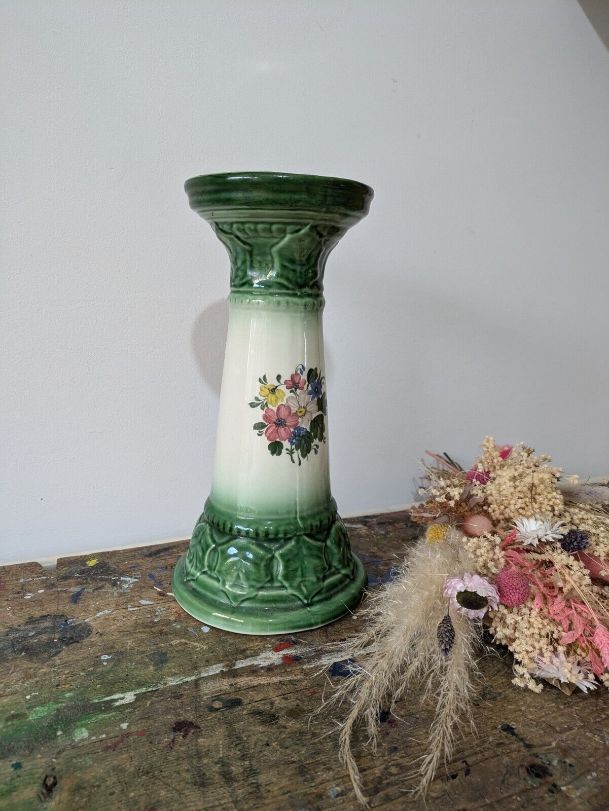 Stunning Vintage Italy Ceramic Jardinere Pedestal Holly Floral Rose Stand 29.5cm