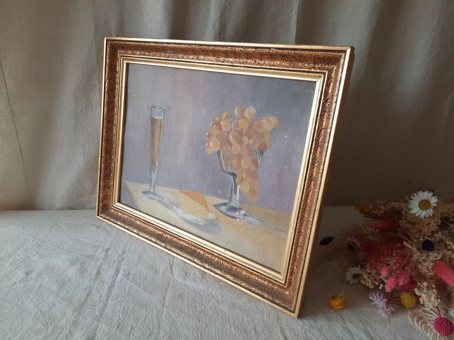 1960 original Madame Cliente Garay Grapes Wine Cheese Still Life Painting Framed