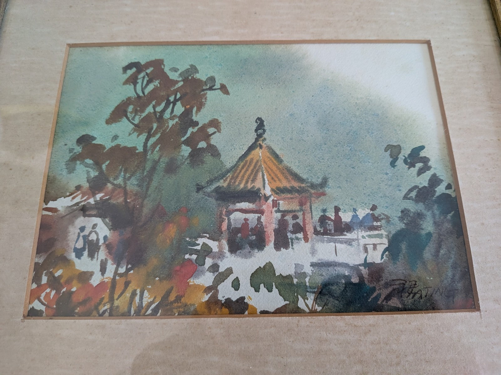 Vintage Traditional Chinese Asian Watercolour Framed Art Painting Pagoda Signed