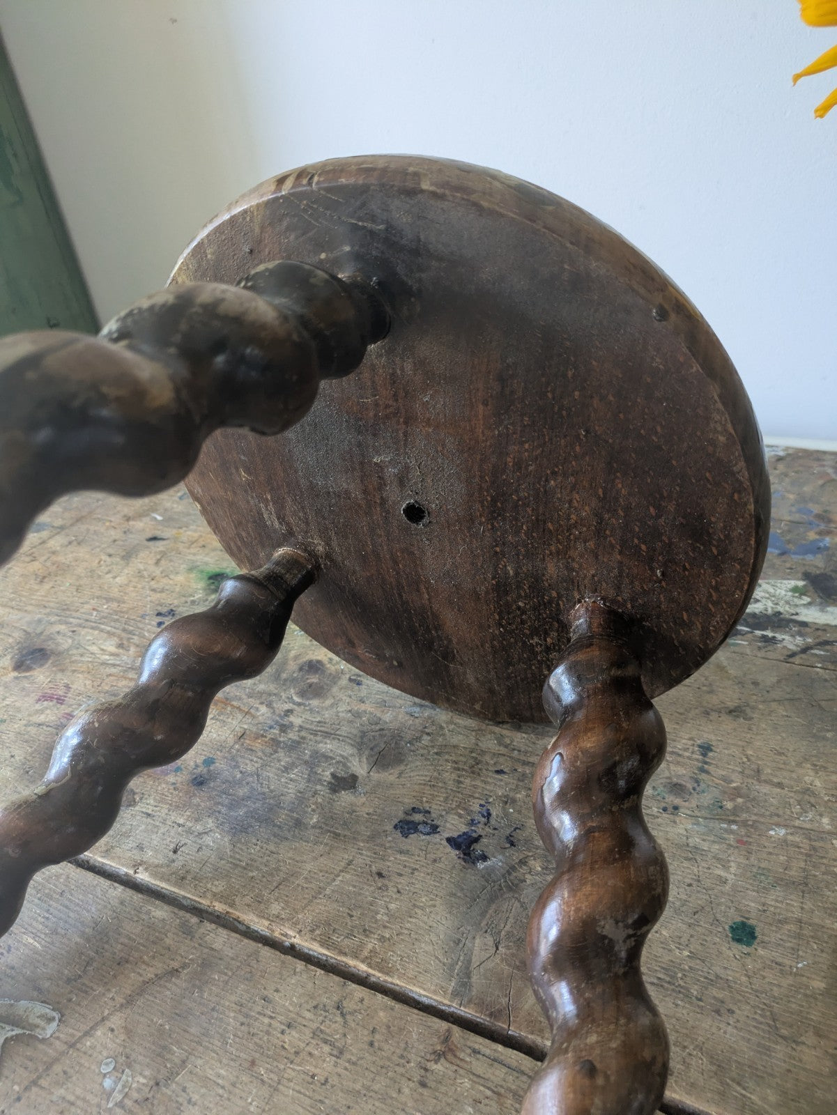 Antique french plant table Mid-1900's woodwork stool Twist Leg Tripod Spiral 