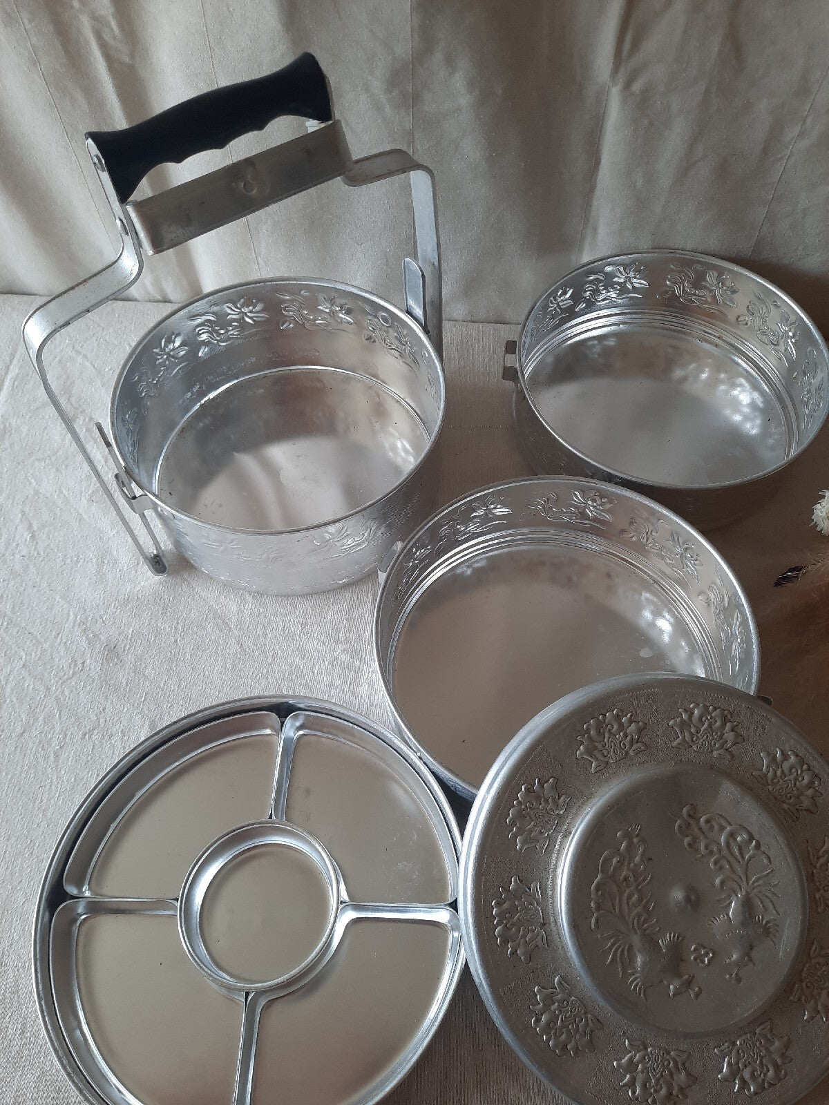 Vintage Stacking Chin Fong Rice Cooking 4 Pot Kitchen Chef Food Chinese Carrier