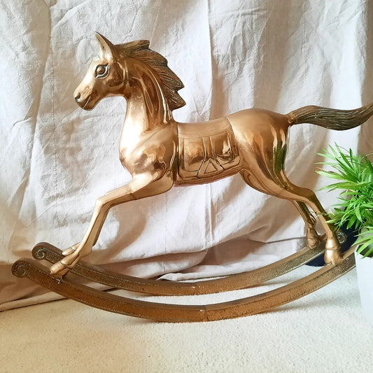 Large Solid Heavy Brass Rocking Horse Ornament 21"H equestrian decor antique old