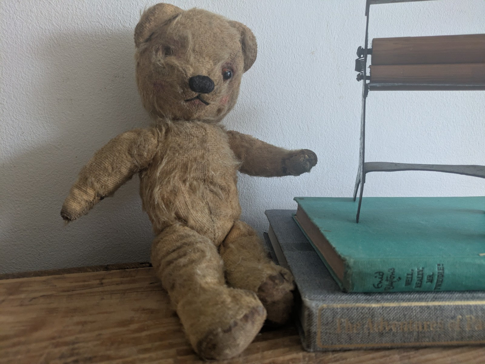 Antique Small Jointed Old Mohair Teddy Bear straw stuffed vintage RARE worn toy