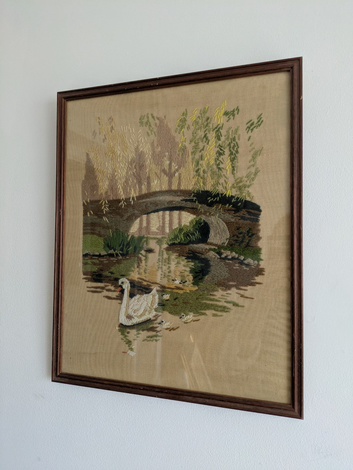 Vintage Needlework Crewel Stitchwork Crochet Swan Signets River Picture English