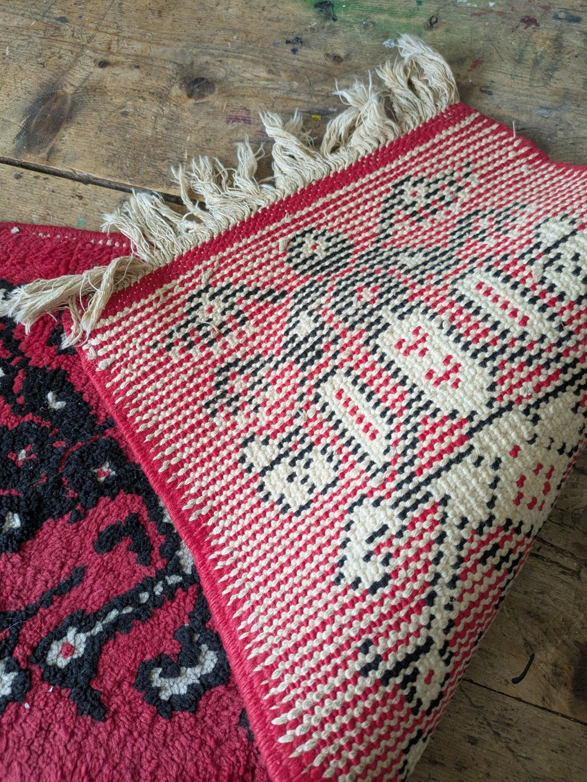 Vintage Fireside Small Rug Runner Geometric Ethnic Red Woven Vgc Tassels Bedside
