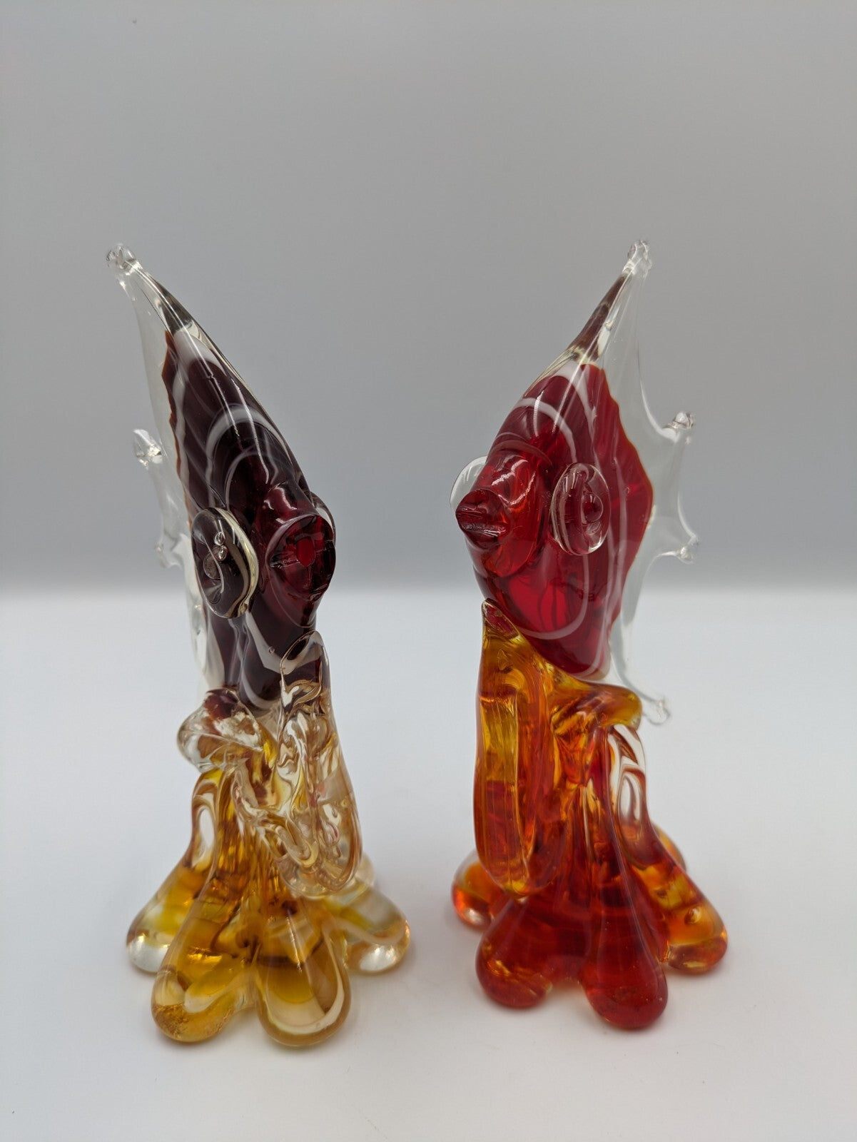 2x Glass Hand Blown Red Orange White Angel Fish Paperweight Figurine Art Deco