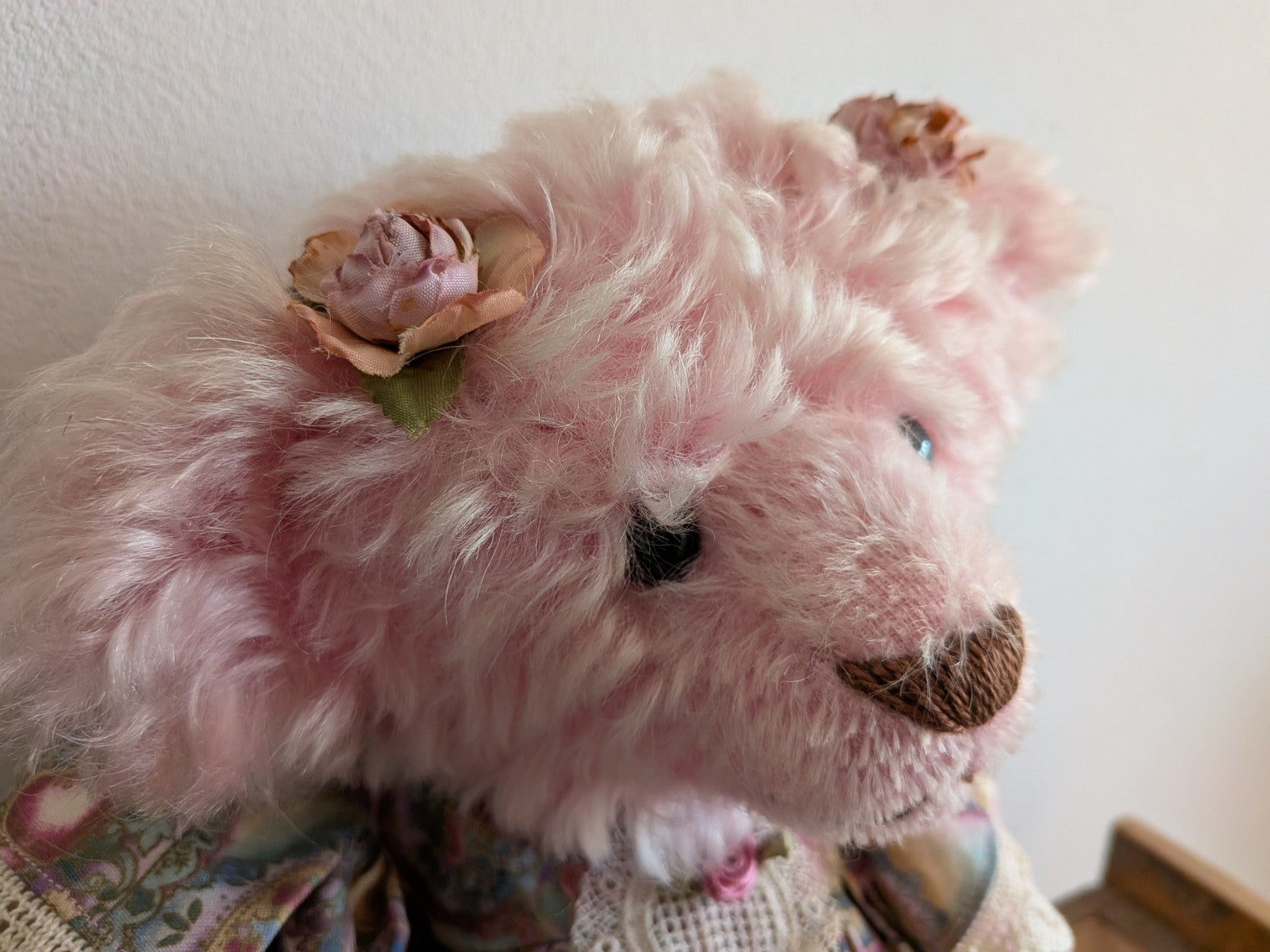 Artist Made Bear Fully Jointed Pink Rosie Handmade Roses Floral Vintage Style 