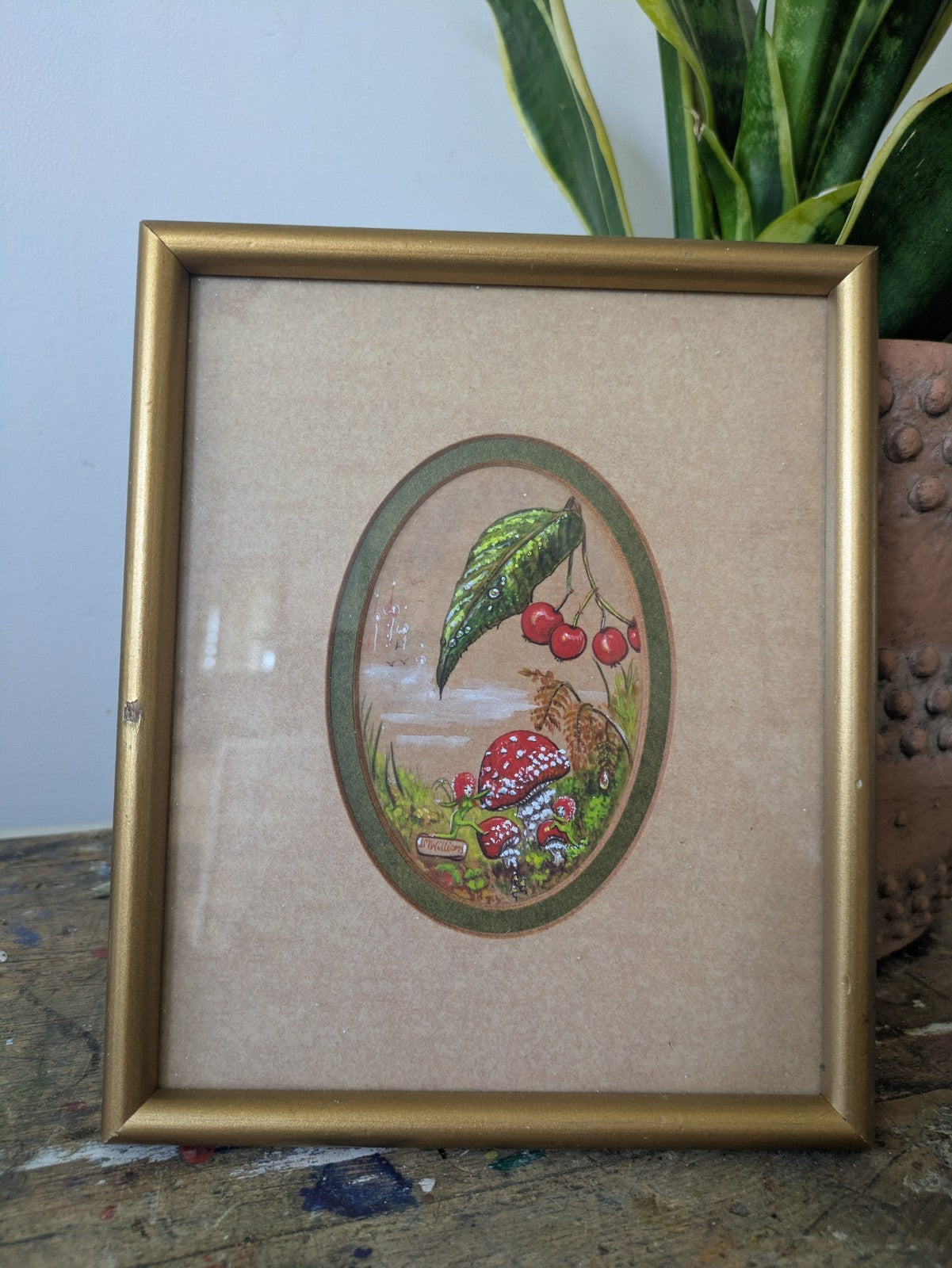 Vintage Watercolour Painting Mushroom Toadstool Pixies Signed Framed 1983 Folk