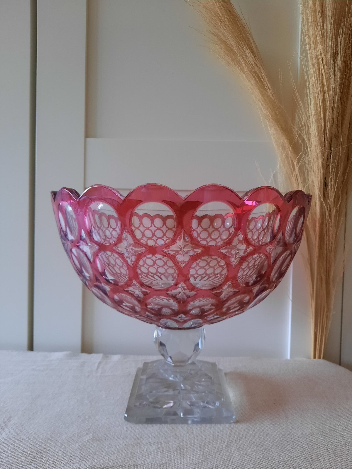 ANTIQUE Vintage Bohemian Cut Clear RUBY CRANBERRY Footed Glass Bowl Pedestal lrg