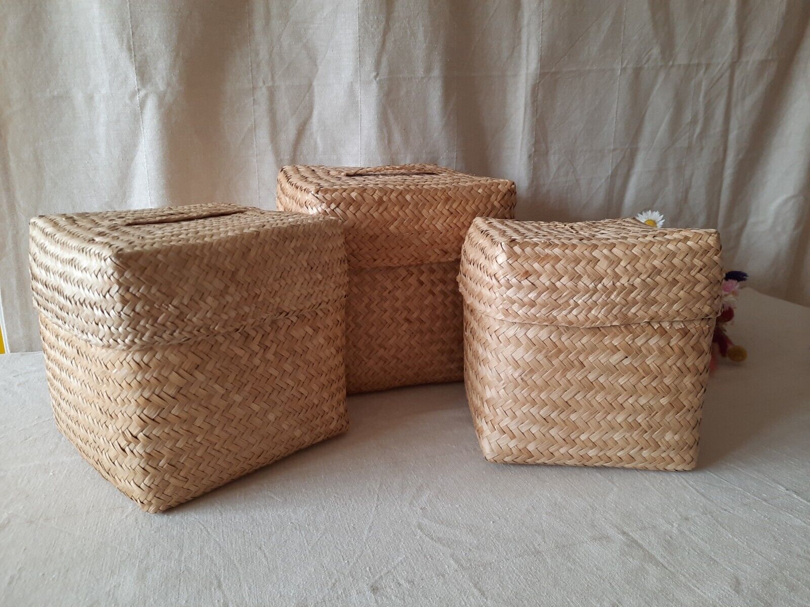 Set Of 3 Wicker Cane Woven Nested Storage Baskets Boxes Stacking graduated squar